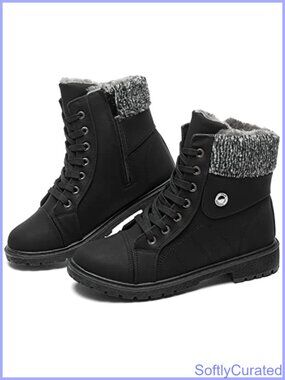 PU Leather Combat Boots Warm Fur Lined Ankle Booties Side Zipper Winter Boots